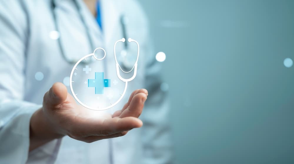 Medical worker with a plus icon represents the healthcare and medical industry, 