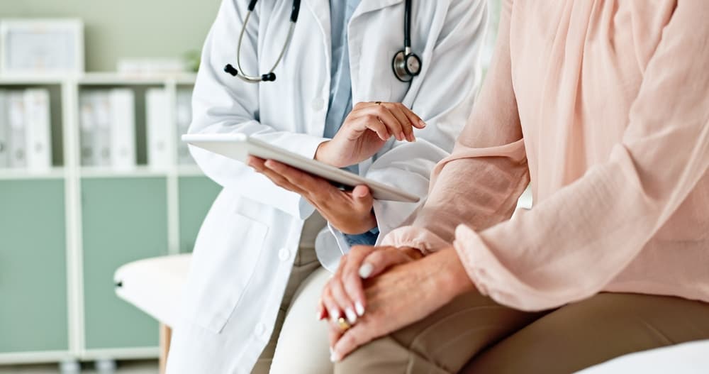 Healthcare, telehealth and people on digital tech for diagnosis, online results and insurance